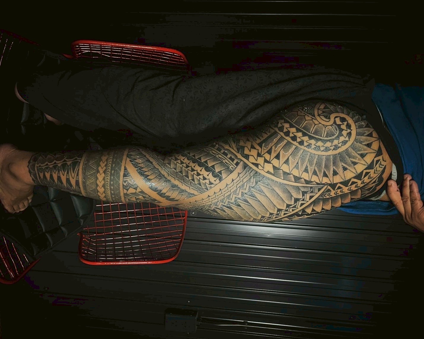 Full leg Polynesian tribal tattoo