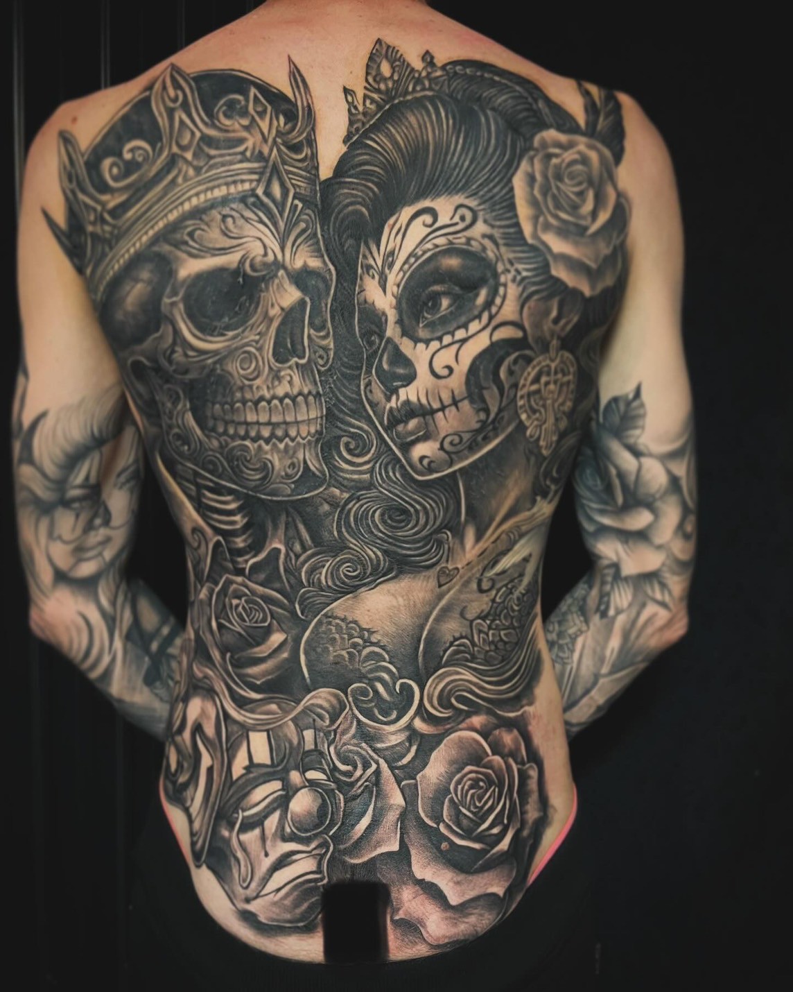 Day of the Dead style full back tattoo