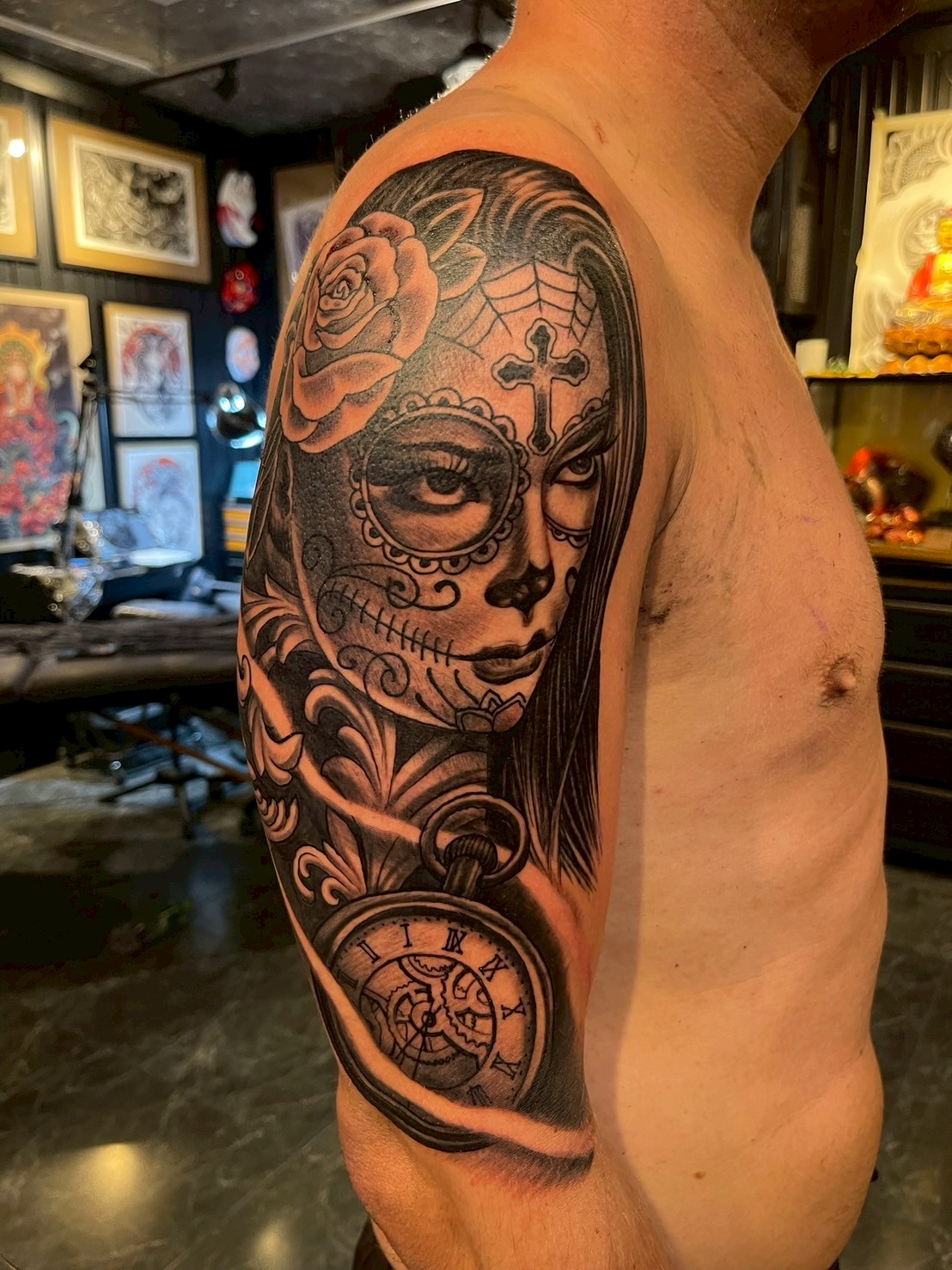 Black and grey Day of the Dead girl tattoo