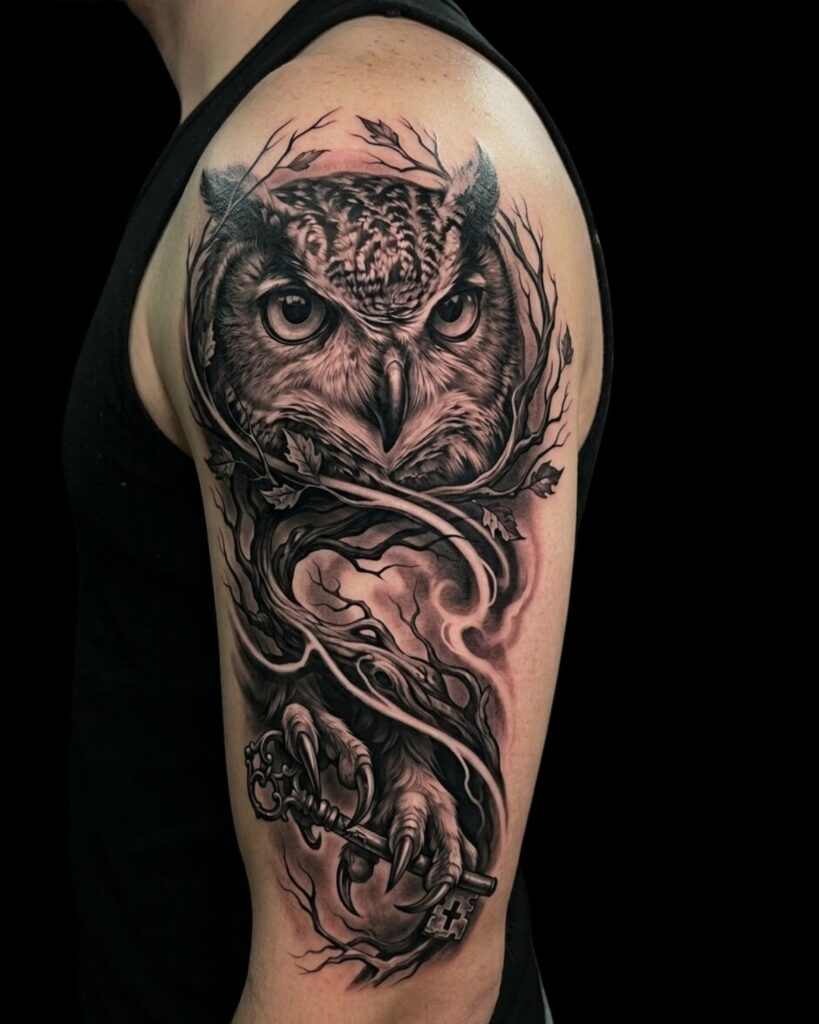 AI-generated black and grey realism owl tattoo concept with key