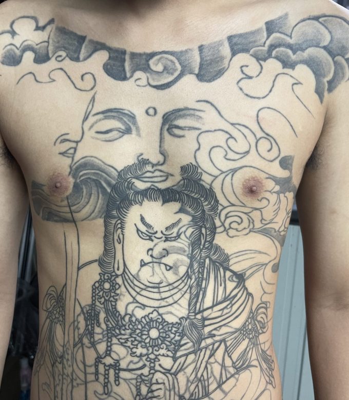 Japanese cover up tattoo chest to body suit foundation by Dragon King Tattoo Pattaya