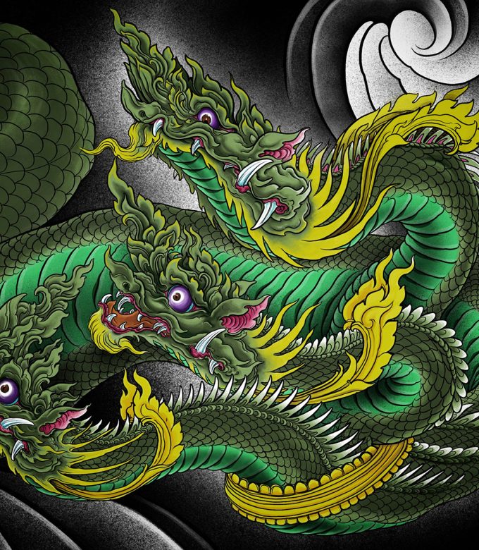 Japanese dragon tattoo design illustration with green scales and yellow flames, traditional irezumi style artwork for custom tattoo design