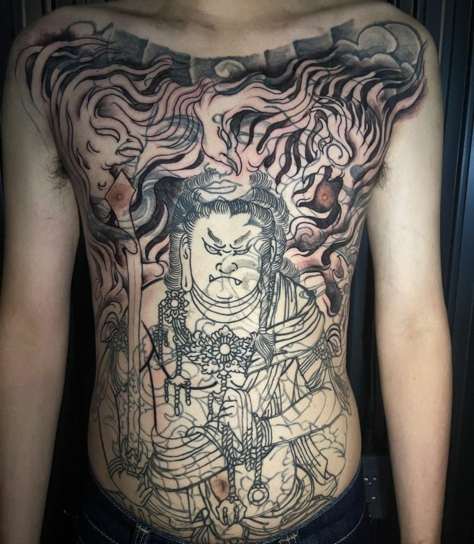Japanese cover up body suit tattoo chest to abdomen in progress by Dragon King Tattoo Pattaya