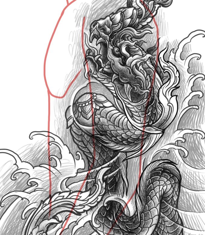 Thai dragon ( naka)tattoo design sketch with body flow planning lines for custom full sleeve or back piece, Dragonking Tattoo Pattaya
