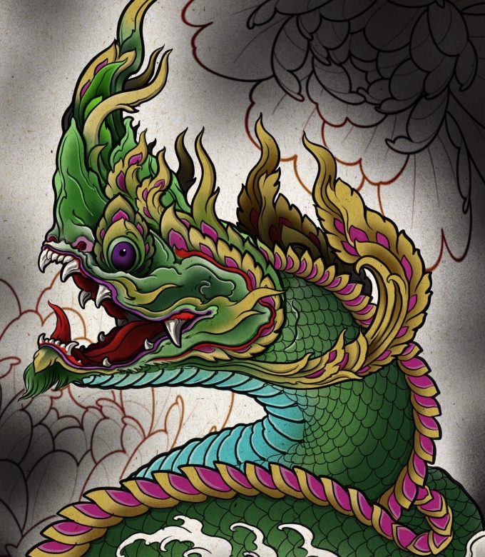 Thai dragon Naga tattoo drawing inspired by traditional Thai and Japanese art, custom tattoo design by Dragonking Tattoo Pattaya