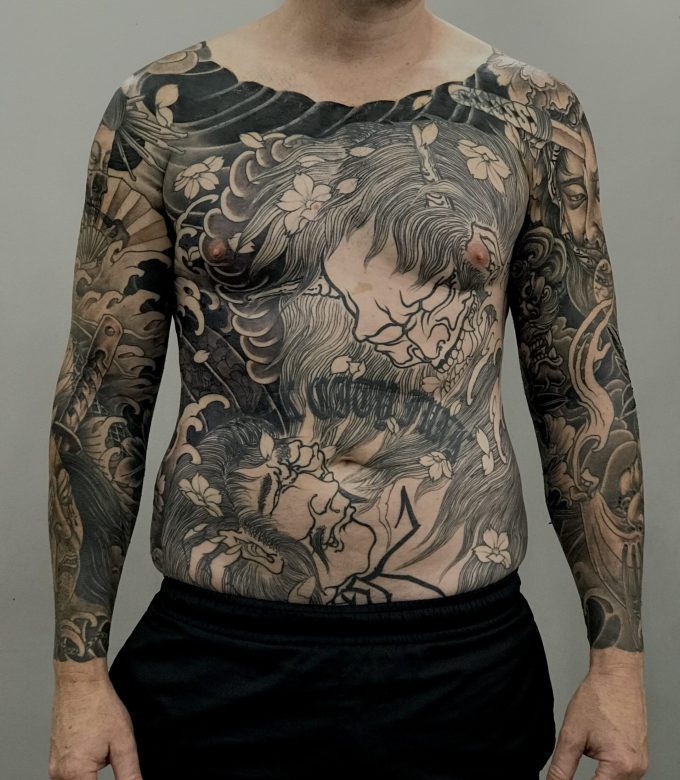 Japanese Irezumi body suit tattoo front chest and stomach Pattaya