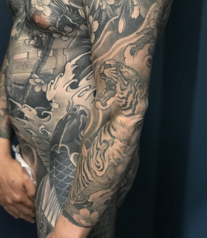 Japanese Irezumi body suit arm and side detail tattoo Pattaya