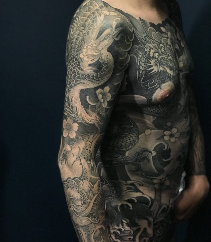 Japanese Irezumi body suit side view tattoo chest arm flow Pattaya