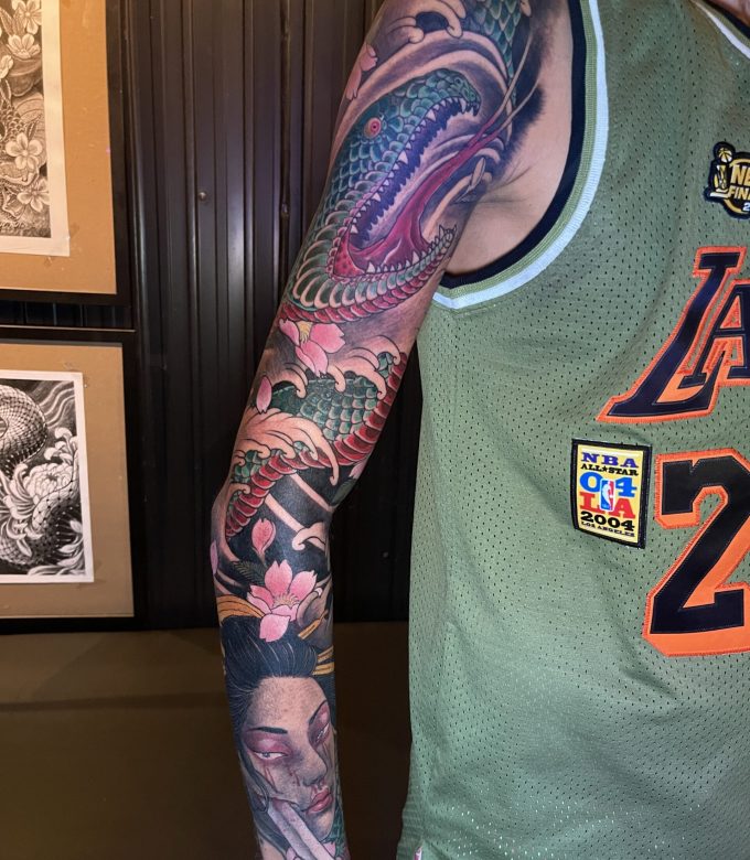 Japanese Dragon Full Sleeve Tattoo with Geisha by Mr.X at Dragon King Tattoo Pattaya