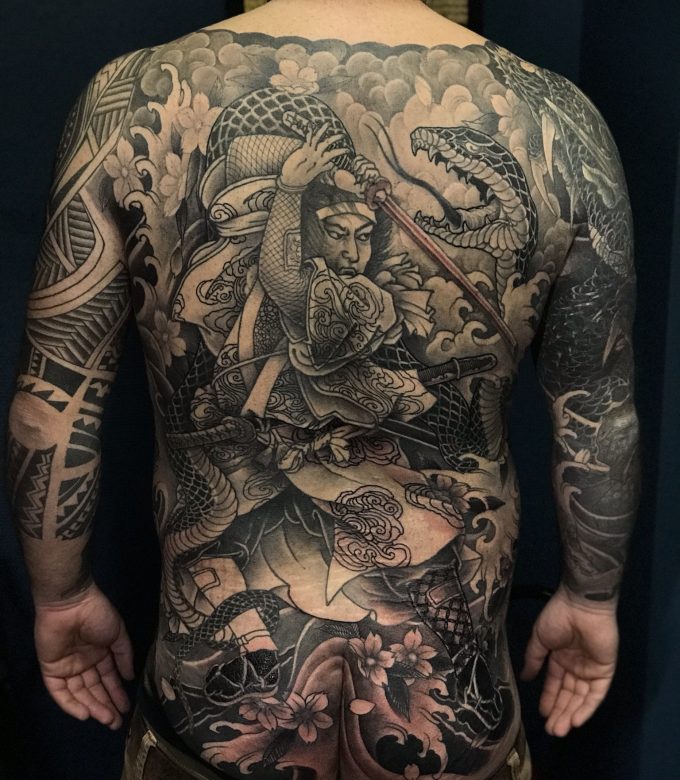 Japanese Irezumi full back body suit tattoo with dragon and warrior Pattaya