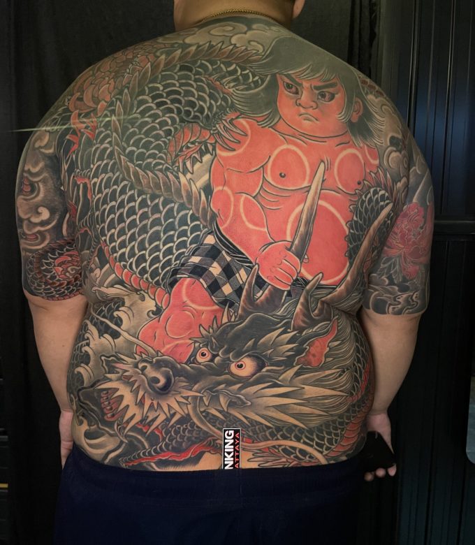 Custom Japanese dragon and Kintaro full back tattoo by Dragonking Tattoo Pattaya
