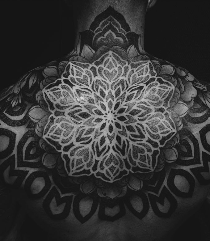 Mandala full back tattoo blackwork geometric design by Dragonking Tattoo Pattaya