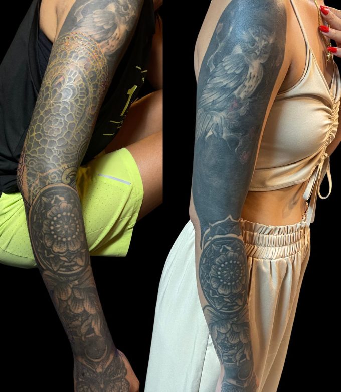 Black and grey Mandala full sleeve cover up tattoo in Pattaya