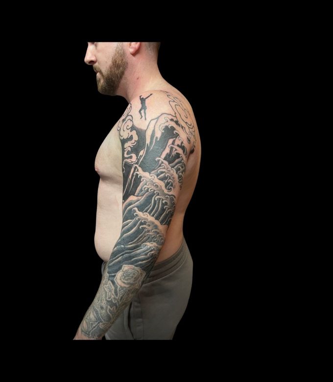 Japanese Blackwork Wave Sleeve Tattoo Pattaya