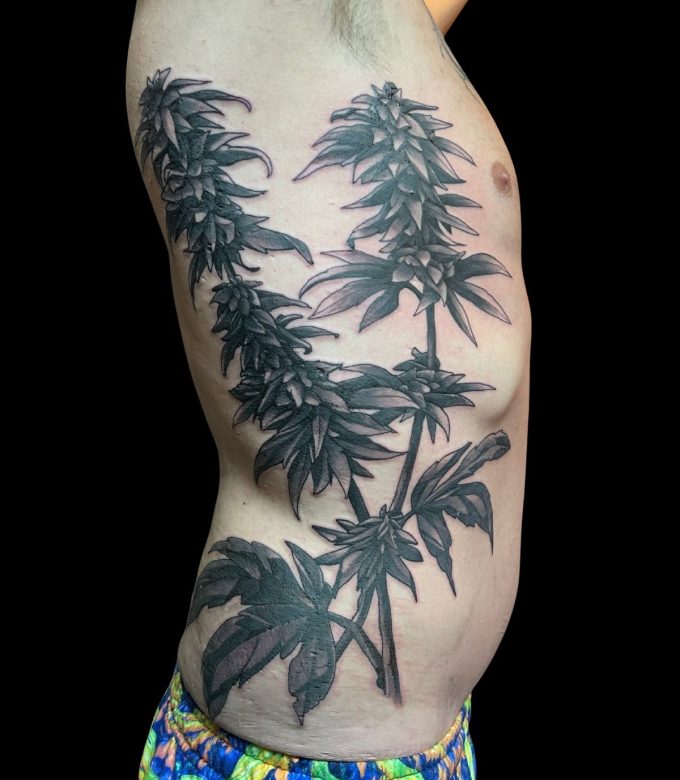 Black and Grey Cannabis Plant Tattoo Pattaya