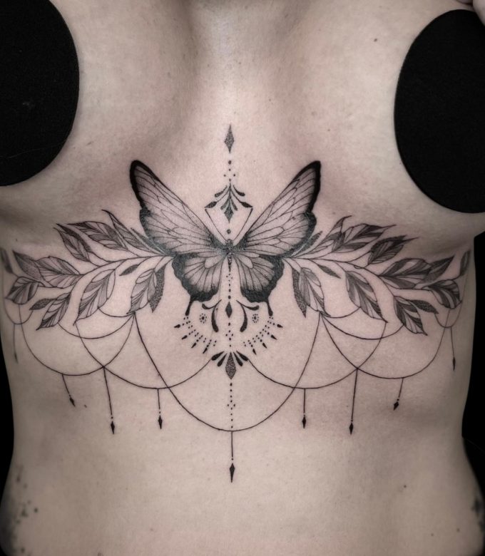 Fine Line Butterfly Botanical Back Tattoo Pattaya