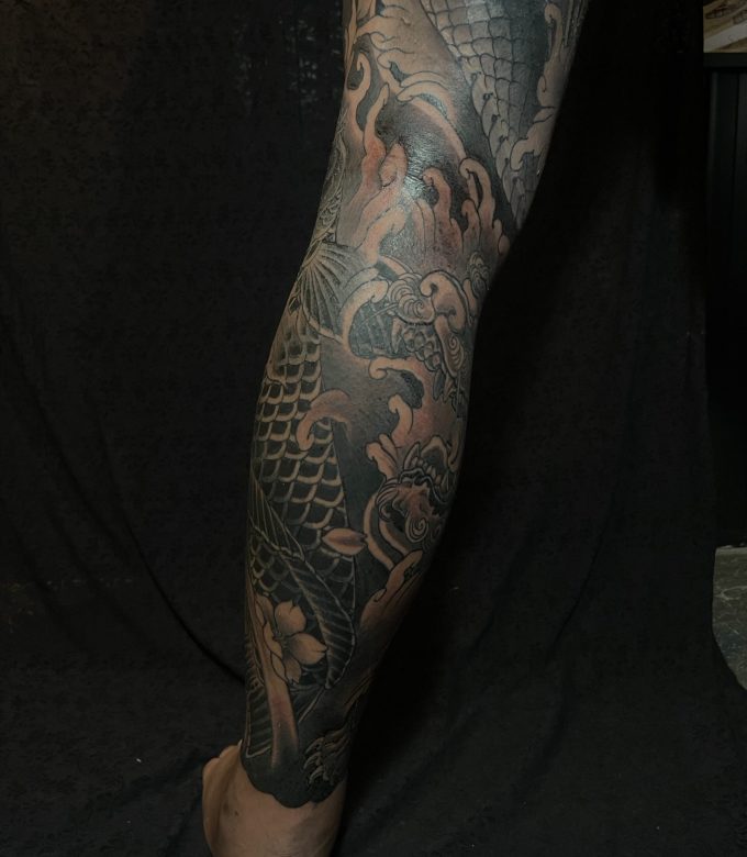 Traditional Japanese Koi Irezumi Leg Tattoo Pattaya