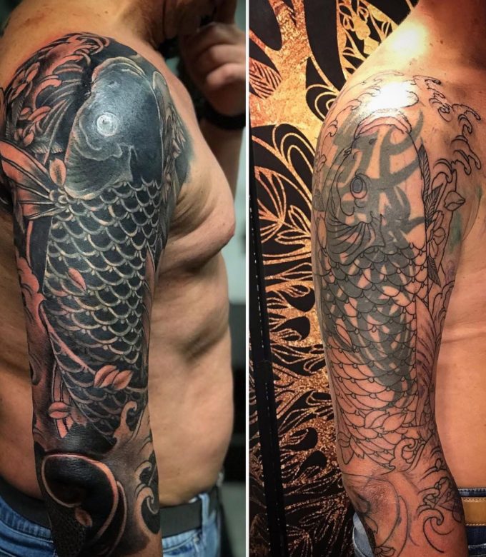 Before and after Japanese Koi fish cover up tattoo on upper arm in Pattaya