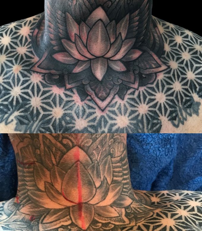 Lotus Mandala geometric chest tattoo with blackwork patterns in Pattaya