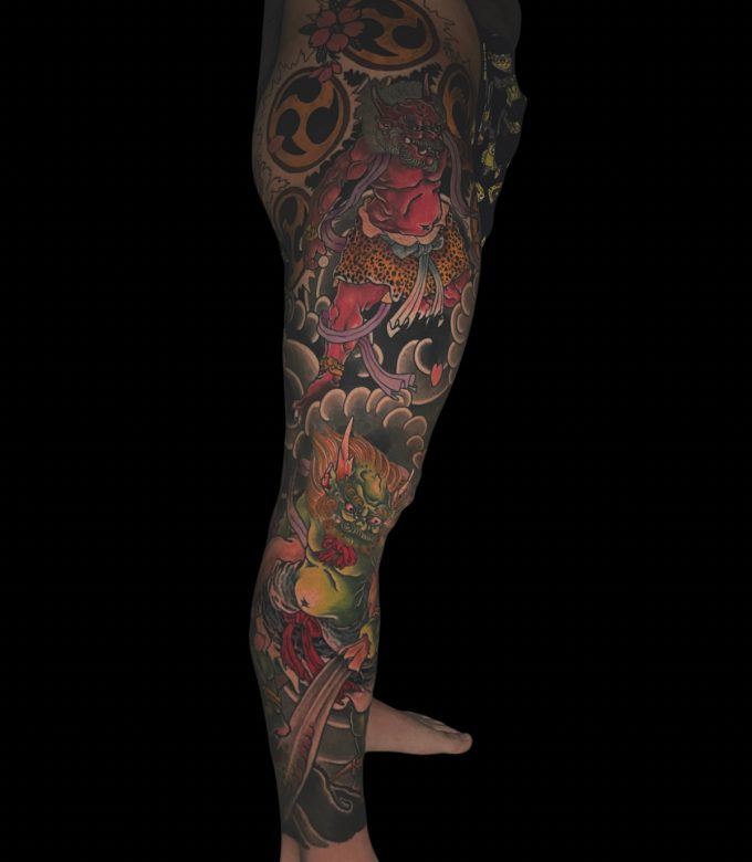 Raijin Fujin and Oni Japanese leg tattoo in Pattaya